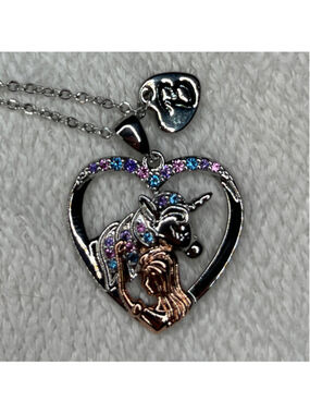 Silver Unicorn Heart Necklace 11” chain B initial